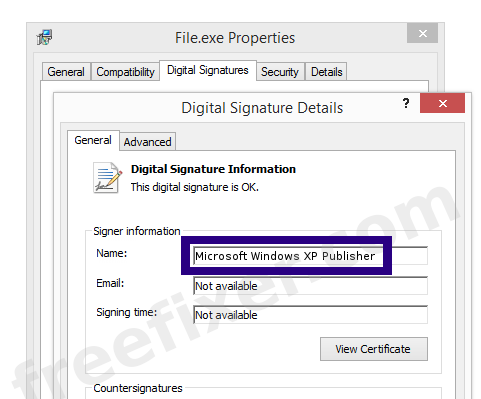 Screenshot of the Microsoft Windows XP Publisher certificate